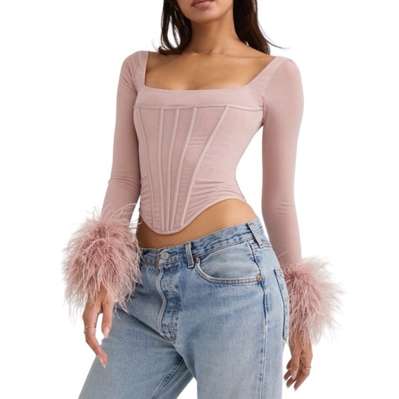 💥SOLD💥 House of CB Stella Blush Pink Mesh Feather Trimmed Corset Top Small - Picture 4 of 16
